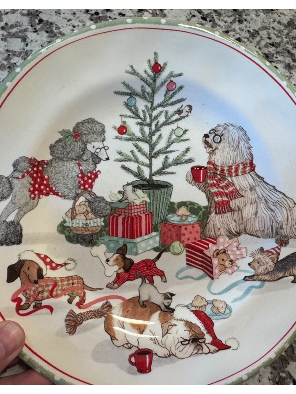 Pier 1 Christmas Morning Pups Dog Holiday Dinner Plate 8.7” Christmas Tree